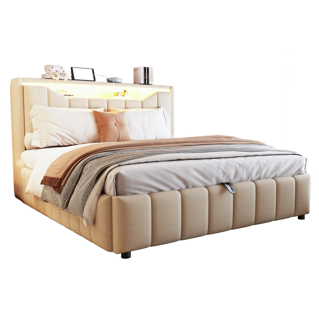 Letto matrimoniale 140x200 cm con contenitore idraulico; LED; USB e USB-C beige