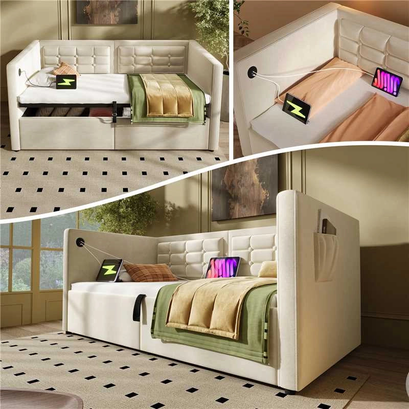 Letto imbottito 90 × 200 cm con contenitore idraulico e ricarica USB Type-C; rivestito in velluto beige