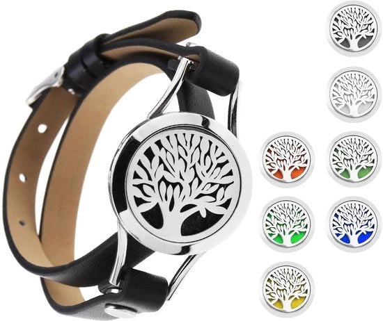 Collana aromaterapica adattabile - 8 x Pannelli di ricarica - Acciaio inossidabile - Pelle artificiale - Olivo