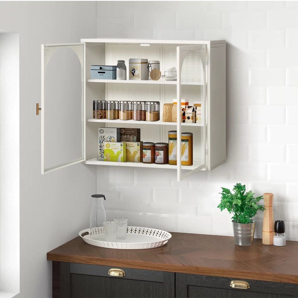 Pensile con 2 Ante in Vetro e 3 Livelli; Ripiano Rimovibile; Motivo Intrecciato; in Metallo; 70×23×60 cm; Bianco