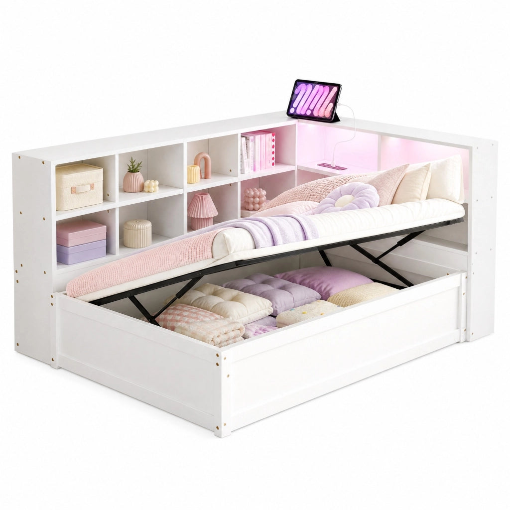 Letto singolo multifunzione 90x200 cm con contenitori; LED e presa integrata; bianco
