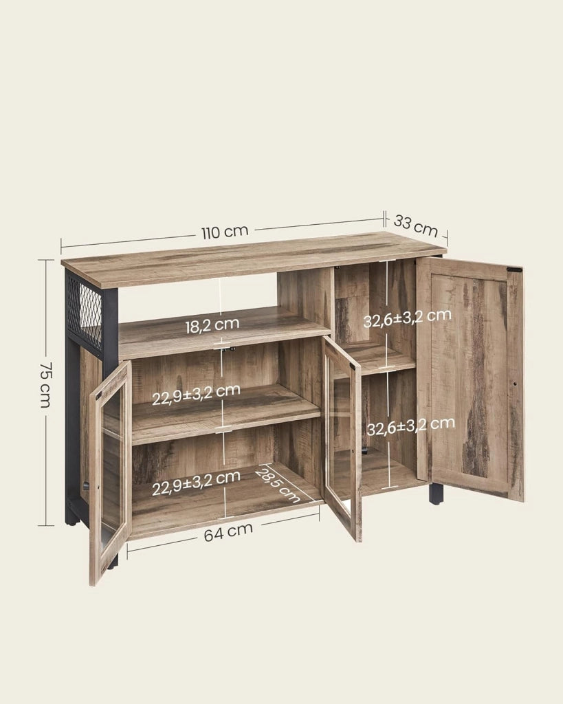 VASAGLE Credenza, Mobile da Cucina, Mobile Contenitore, con 3 Ante, per Soggiorno, Cucina, Sala da Pranzo, 33 x 110 x 75 cm, Stile Country, Marrone Cammello e Nero Inchiostro LSC096B50