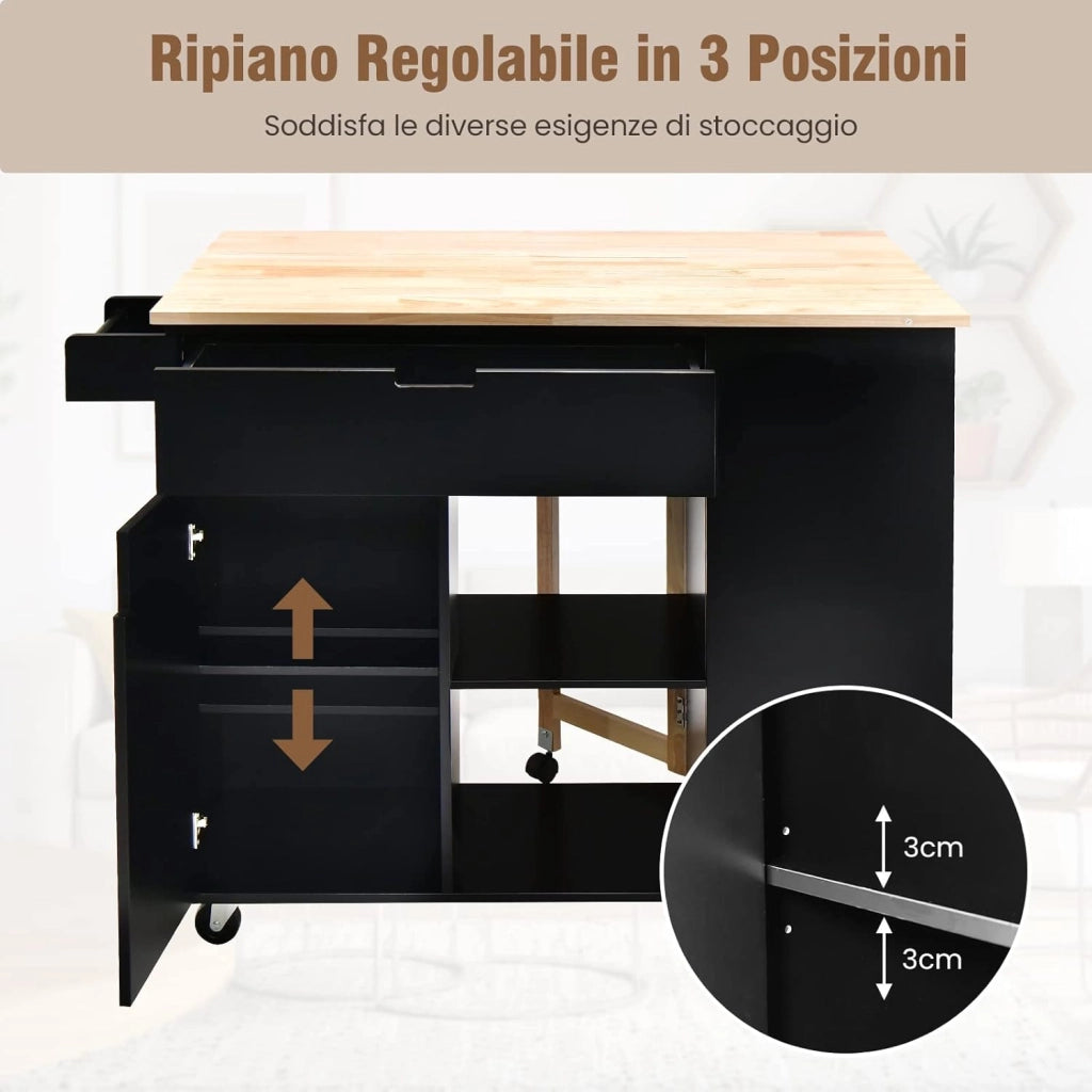 COSTWAY Carrello da Cucina con Cassetto, Carrello Servizio con Ripiano Aperto e Pieghevole, Carrello Multiuso con Ruote e Portasciugamani, 124x76x92 cm (Nero)