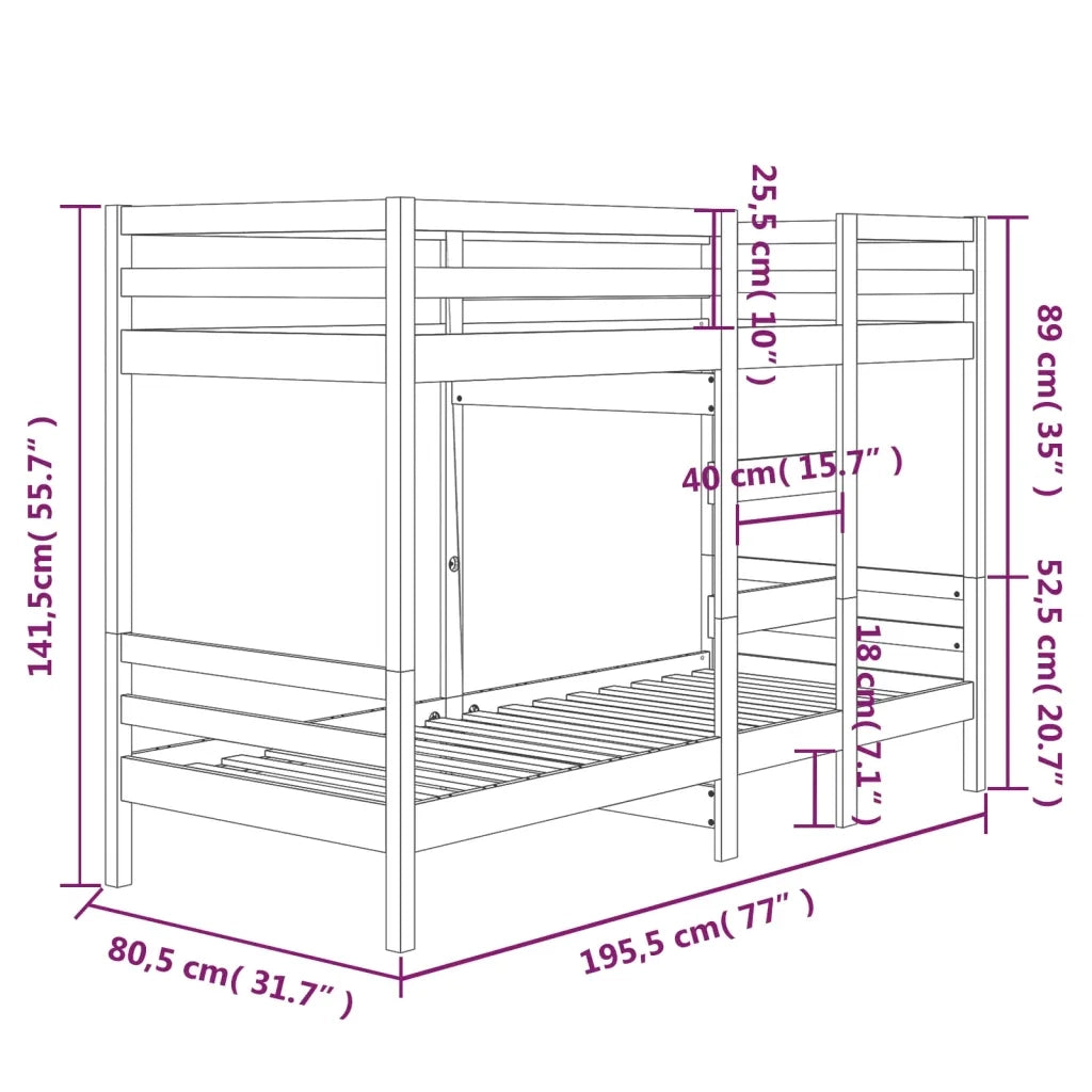 Letto a Castello 75x190 cm in Legno Massello di Pino 3139844