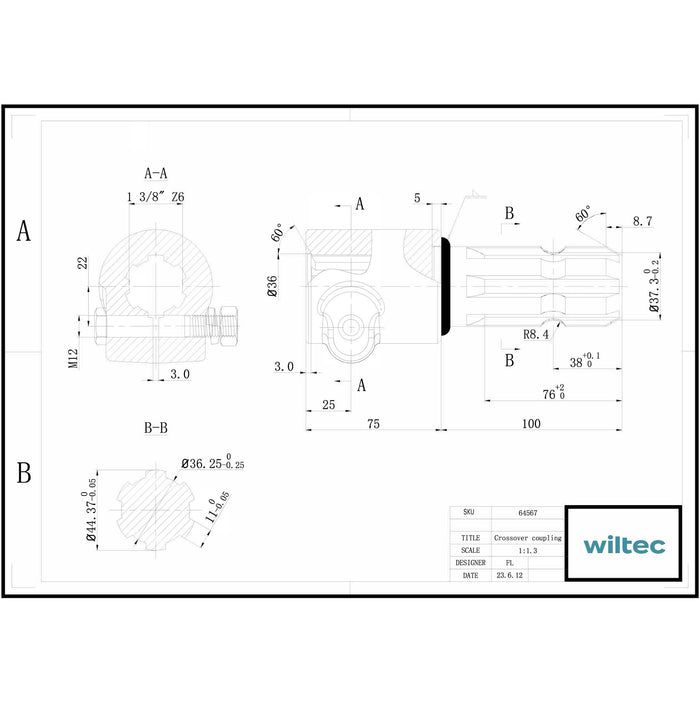 Boccola albero cardanico 175 mm Attacco albero scanalato 1 3/8" 6D Albero uscita 1 3/4" 6D Trattore