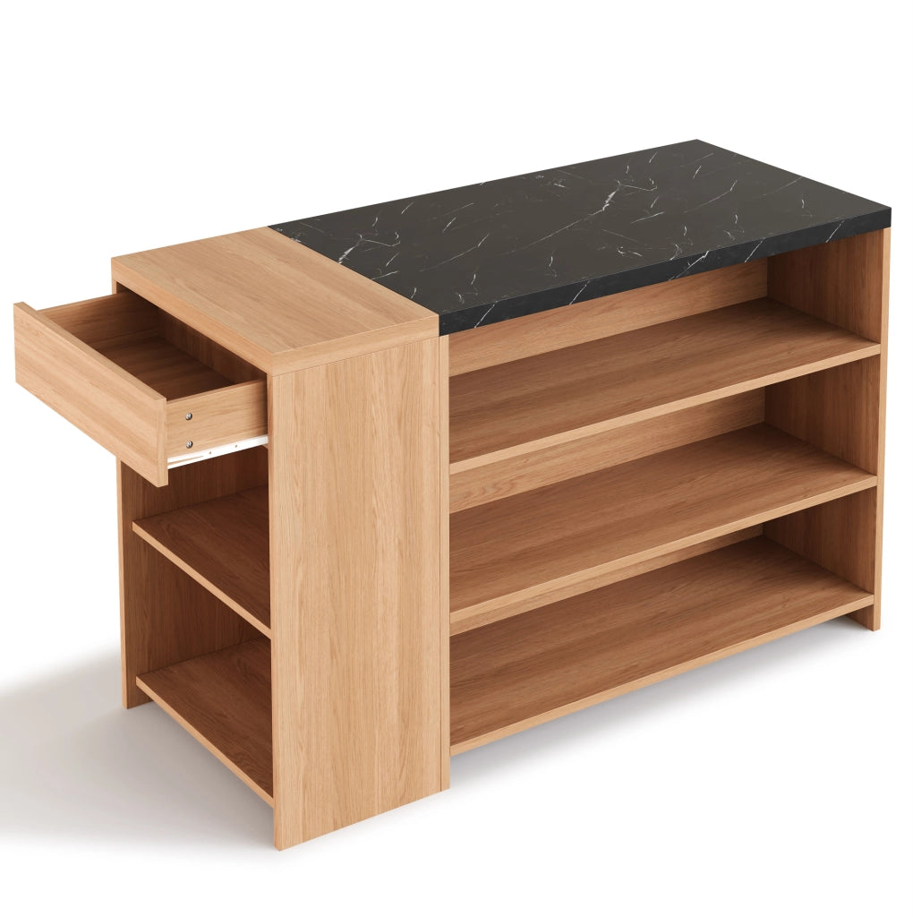 Isola cucina 140x60x90 cm con ampio spazio contenitivo; piano robusto in MDF nero e naturale