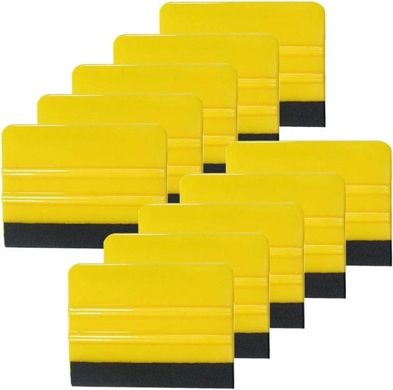 Squeegea in plastica con bordo di feltro - Pacchetto da 10, Ratchet universale per vinile, Squeegea di alta qualità in lamiera per l'adesivo per film, Film per tattoo sulle finestre (Giallo)
