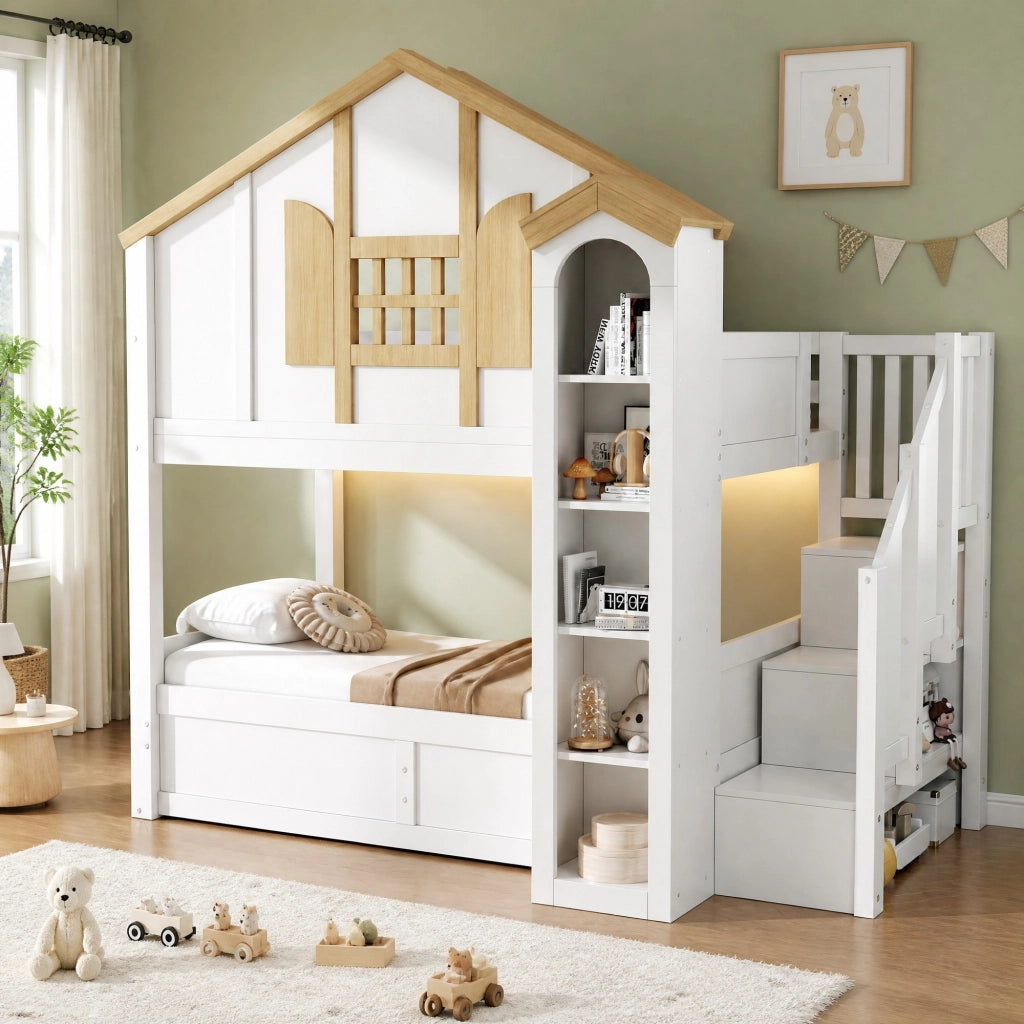 Letto a castello 90x200 cm in pino bianco con scala contenitore, LED e vano con sollevamento idraulico