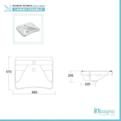 Lavabo sospeso per disabili 66 cm ergonomico con poggia gomiti