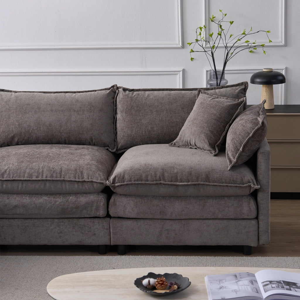 Divano Angolare Modulare 3 Posti con Pouf, Chenille Grigio