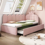 Letto per bambini 90x200 cm, testiera a forma di corona, con letto estraibile, in velluto, rosa
