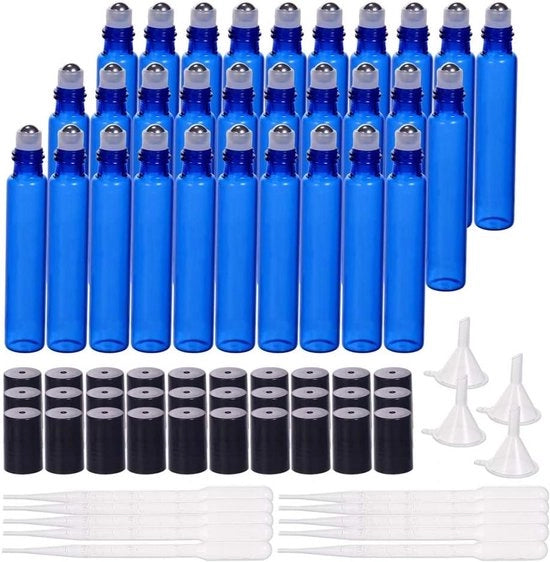 Set di 30 flaconi in vetro blu cobalto da 10 ml con boccette a rullino, olio essenziale, siringhe e contenitori