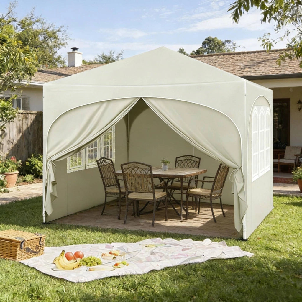 Gazebo pieghevole 3x3 m beige con pareti laterali e protezione UV