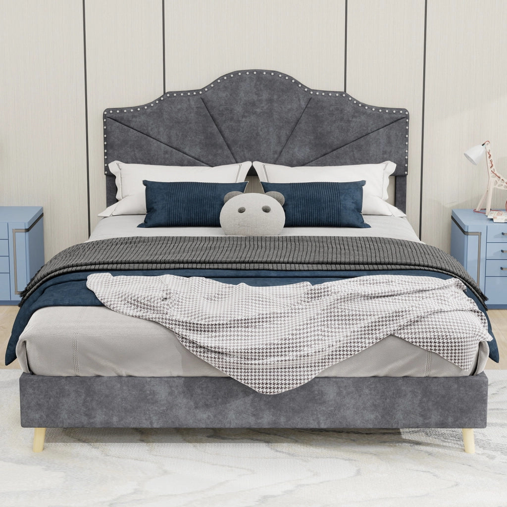Letto Matrimoniale 140x200 cm con Testiera geometrica in Tessuto e Metallo Grigio
