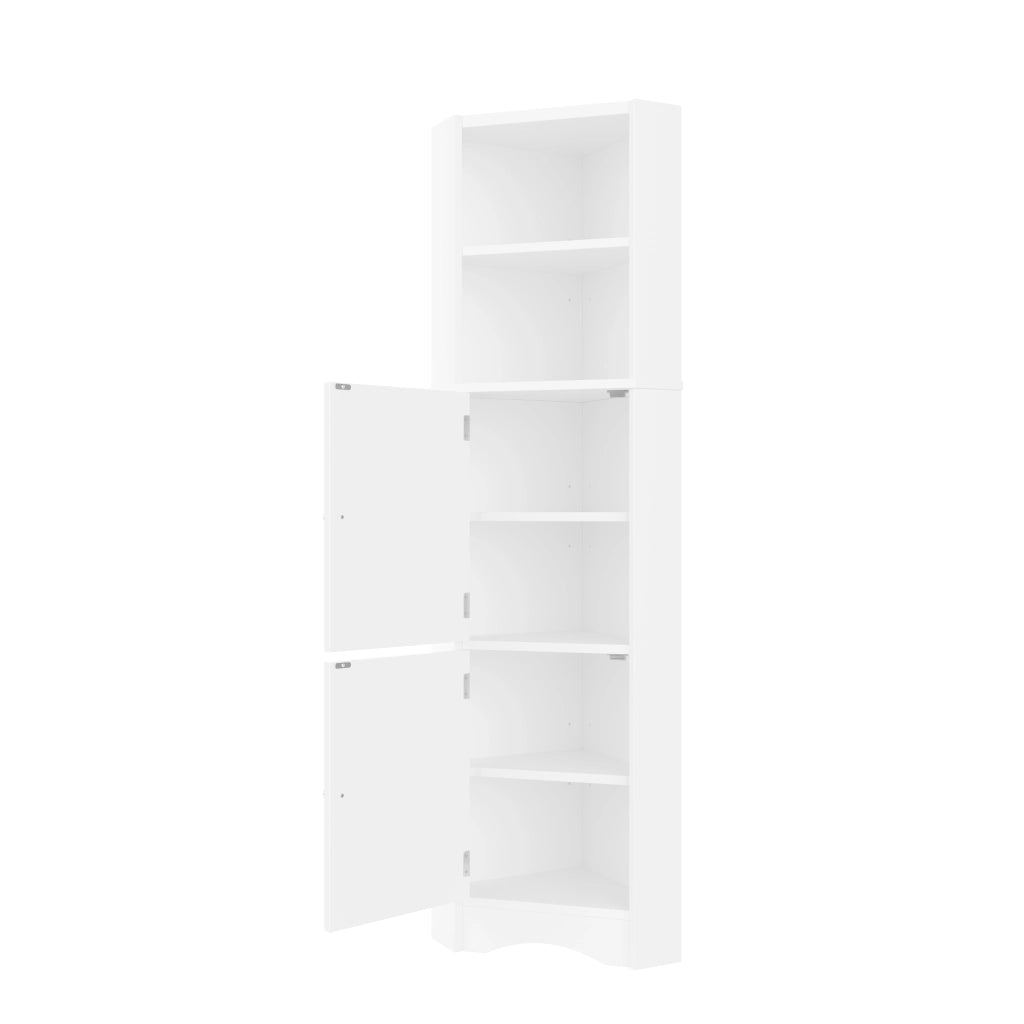 Mobile bagno angolare triangolare in MDF con finitura laccata, 2 ante, 2 ripiani aperti e divisori regolabili, bianco