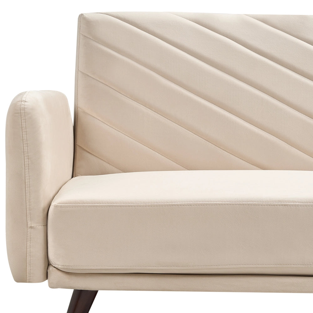 Divano Letto Tessuto Velluto Beige Soggiorno Retrò 3 Posti Gambe In Legno Bracci Pista