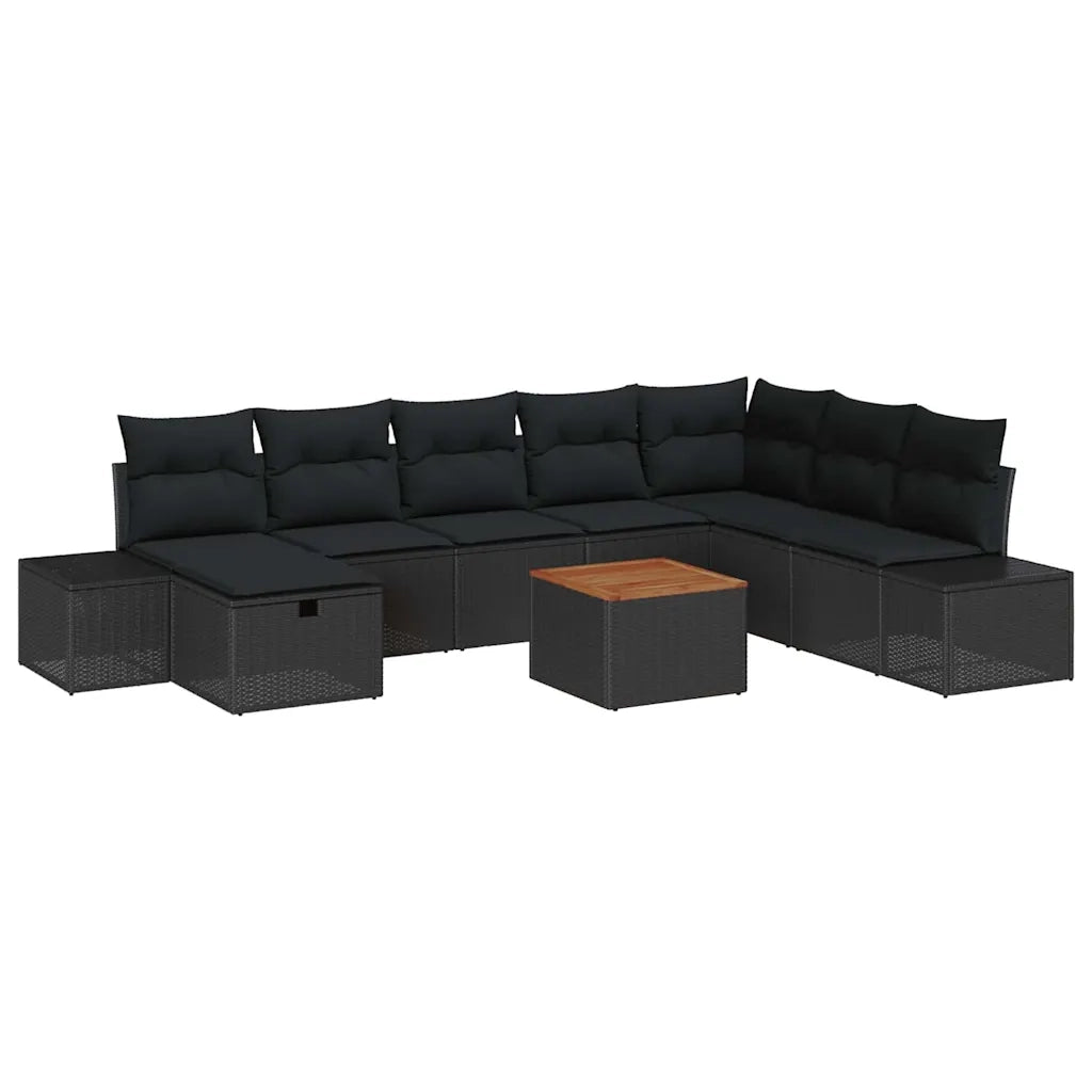 Set Divano da Giardino con cuscino 9 pcs Nero Poly Rattan