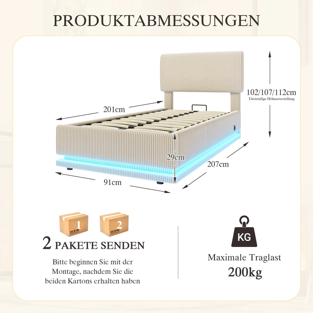 Letto imbottito con LED USB regolabile 90x200 cm velluto a coste beige
