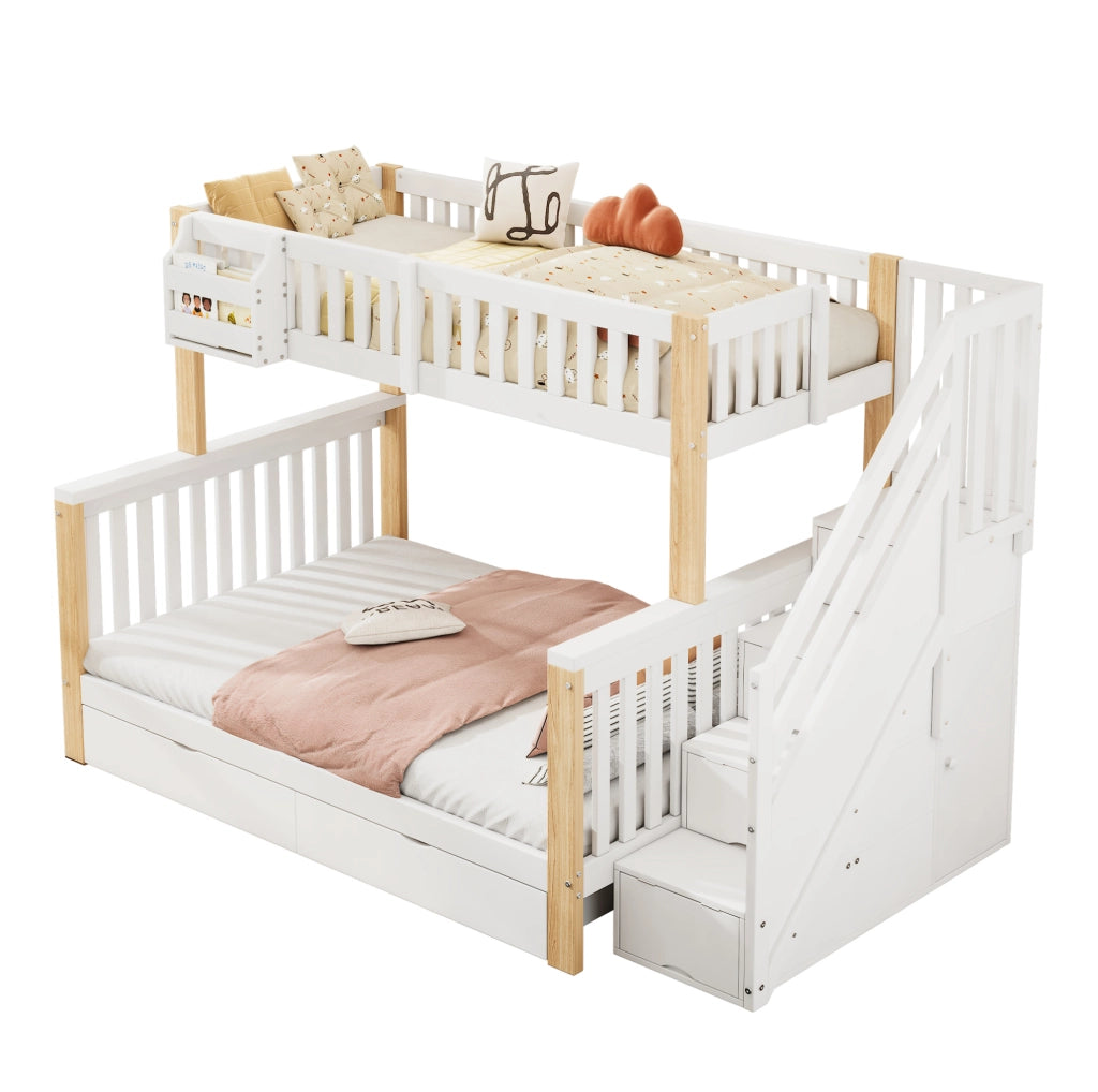 Letto a castello per bambini 140x200 cm con contenitori; cassetto e scala contenitore in legno bianco e naturale