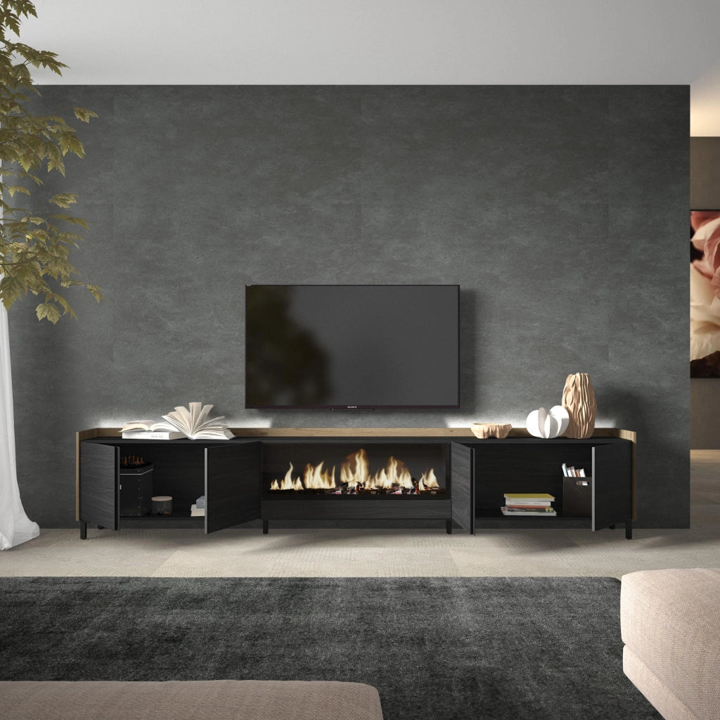 Mobile TV Soggiorno, 315x61x35 cm, Per TV fino a 80", Camino elettrico XXL, Design industriale, LED, Nero e rovere