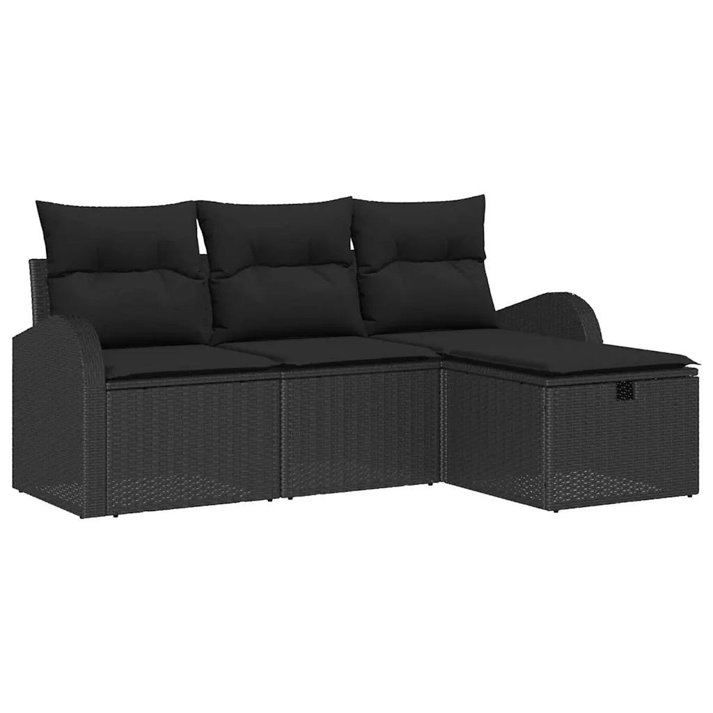 Set Divano da Giardino con cuscino 4 pz | Set Salotto da Giardino Nero polyrattan
