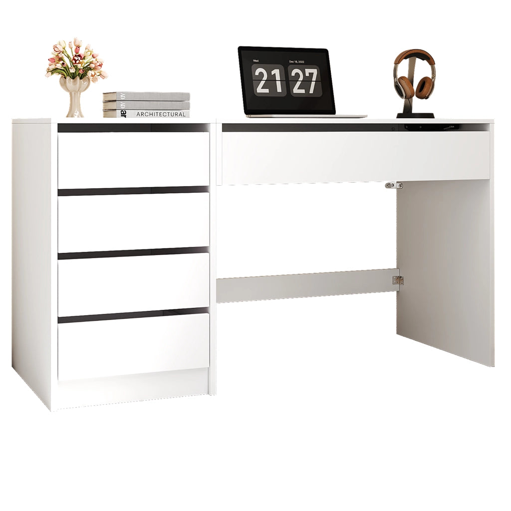 Scrivania bianca regolabile in altezza 120×50 cm con 4 cassetti e vano nascosto