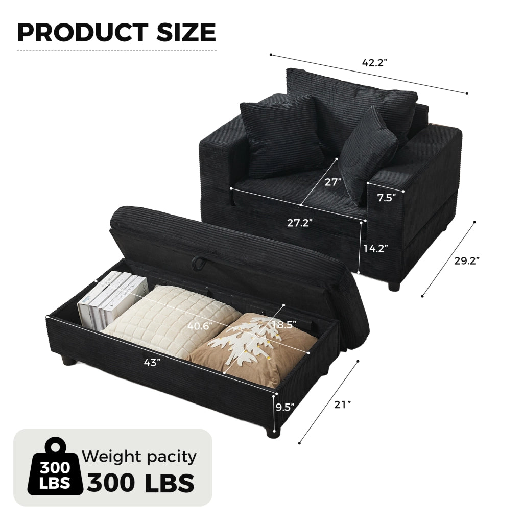 Chaise longue con contenitore, poltrona lounge in velluto a coste, metallo e legno, nero