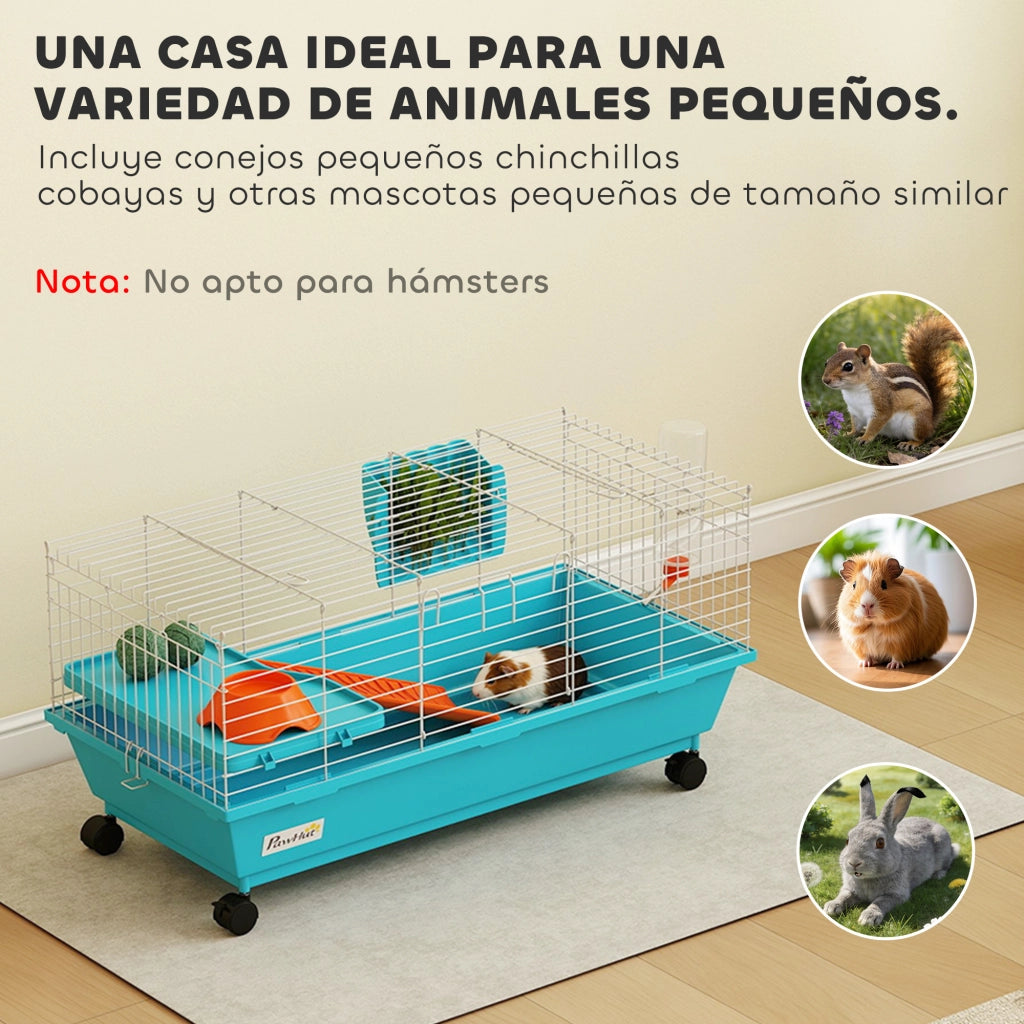 Gabbia per Piccoli Animali con Ruote e Dispensatore Fieno ¨C zephmum ¨C 89x44x43 cm Blu