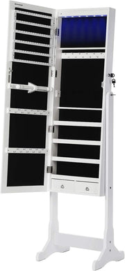 SONGMICS Armadio Portagioie con Luce a LED, Specchiera, Armadietto per Gioielli Bloccabile con Chiavi, 2 Cassetti, Bianco JBC94W