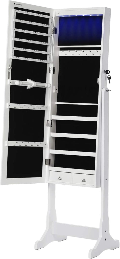 SONGMICS Armadio Portagioie con Luce a LED, Specchiera, Armadietto per Gioielli Bloccabile con Chiavi, 2 Cassetti, Bianco JBC94W