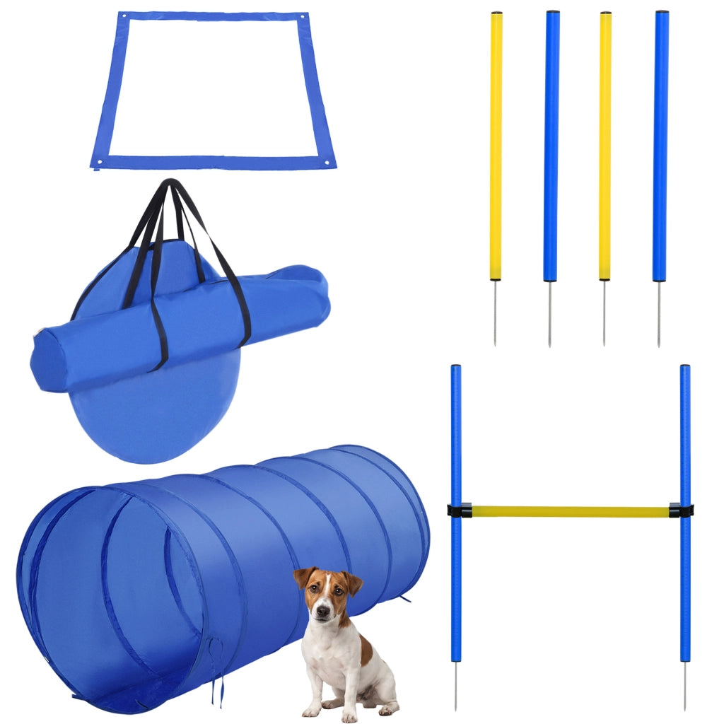 Set Agility Dog per Cani con Tunnel 4 Aste Slalom Ostacolo Regolabile in Altezza e Borsa di Trasporto per Giardino ed Esterno Blu
