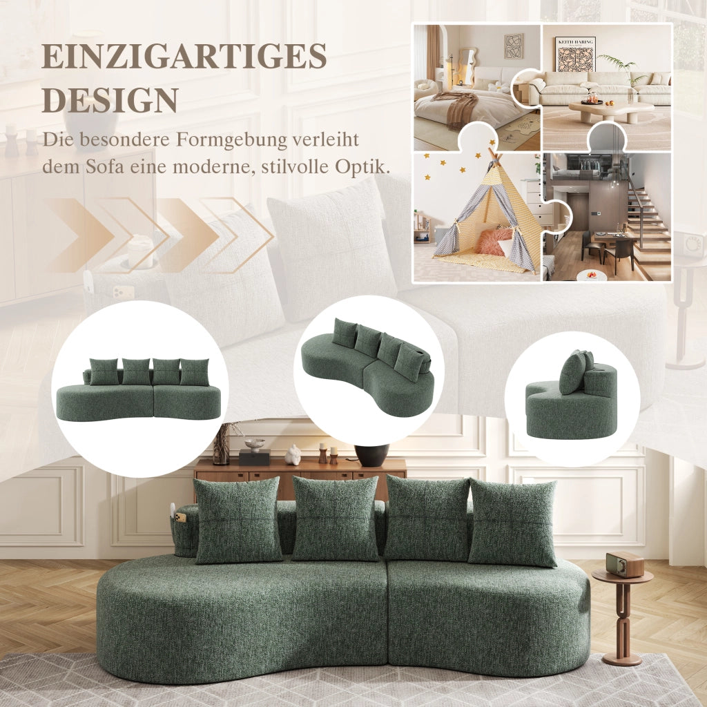 DIVANO in lino 240x109x63 cm verde con 4 cuscini