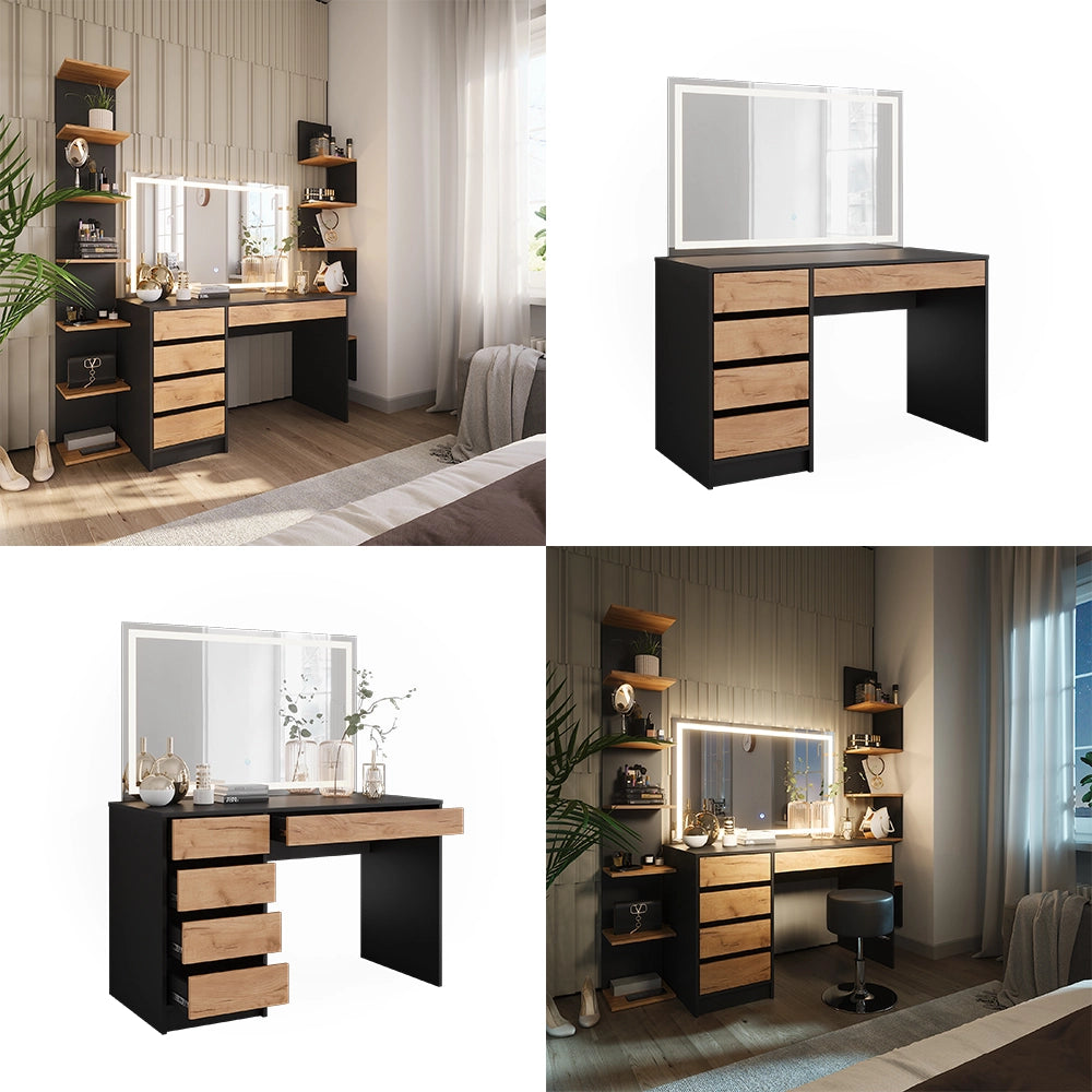 Tavolo da toilette Sherry Antracite/Rovere dorato 120 x 75 cm con specchio a LED Vicco