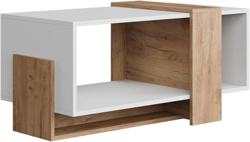Tavolino Aven, Rovere bianco/dorato, 91.8 x 49 cm, con ripiano aperto per la conservazione di oggetti di uso quotidiano