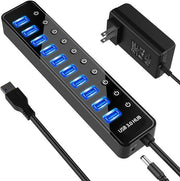Hub USB a 10 porte 3.0 - Hub dati USB a 10 porte con 1 porta di ricarica sottile e interruttori di accensione e spegnimento separati - Adattatore di alimentazione 5V/4A per estensione USB - Adatto per MacBook, Mac Pro/Mini e altro