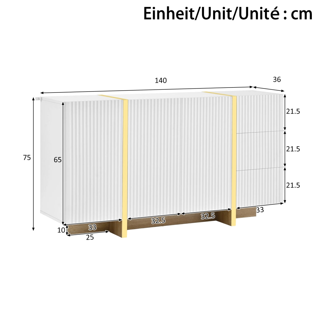 Credenza con 3 ante e 3 cassetti frontali scanalati in MDF e pannello truciolare bianca 140 × 36 × 75 cm