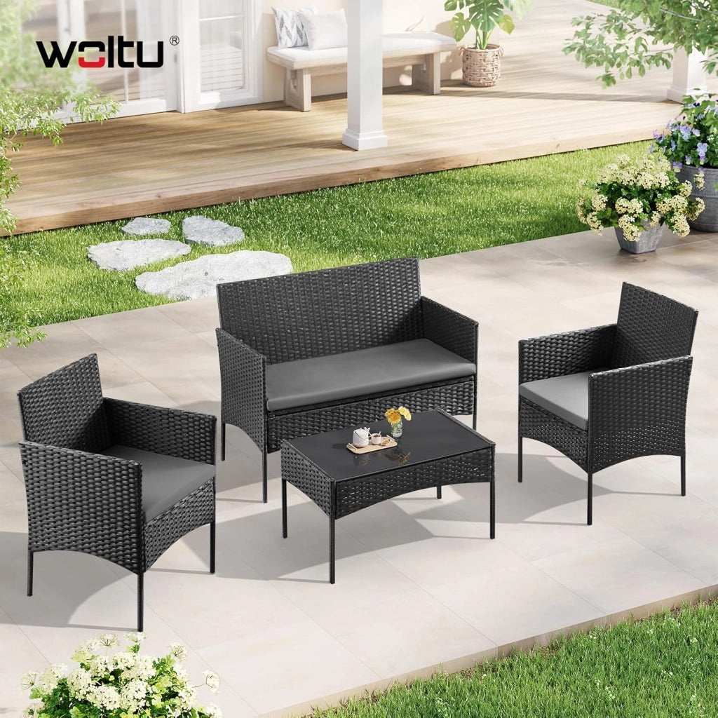 Salotto da Giardino Esterno in Polirotilene per 4 Persone, Set Mobili da Giardino con 1 Divano, 2 Poltrone, 1 Tavolino e Cuscini, per Giardino, Terrazza, Balcone, Grigio