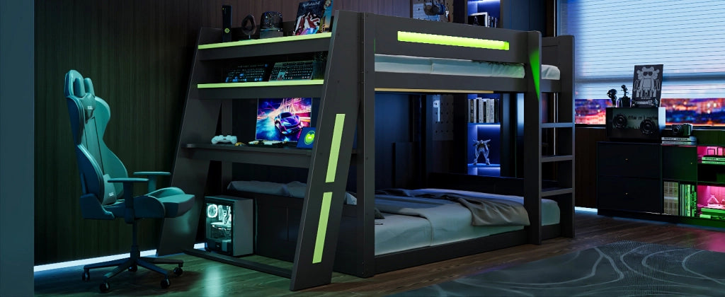 DESMIU Letto a castello 140 × 200 cm 2 posti con scrivania, USB, LED e ripiani, senza materasso, in legno e MDF, nero