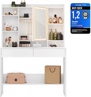 VASAGLE KAILYN Collezione - Toeletta con Luci LED 3 Colorazioni con LuminositàRegolabile, Tavolo da Trucco con Specchio, Ripiani Regolabili, 2 Cassetti, Postazione Trucco, Bianco RDT123T14