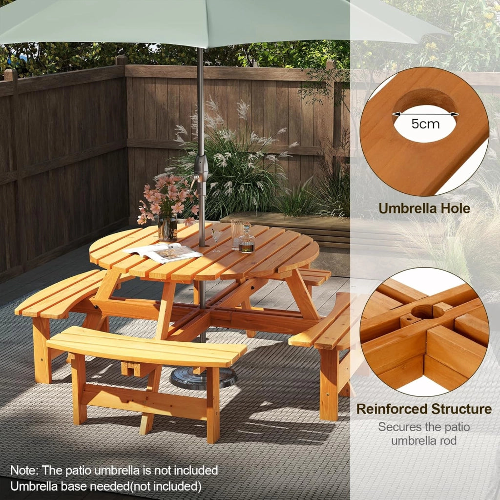 Set da Giardino per 8 Persone in Legno di Abete, Tavolo con Sedie Integrato e Foro per Ombrellone, Mobili da Esterno per Terrazza, Cortile e Pic-Nic, 178 x 70 cm
