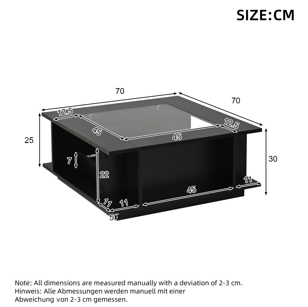 Tavolino da caffè quadrato 70x70x30 cm con piano in vetro; finitura nero lucido e LED