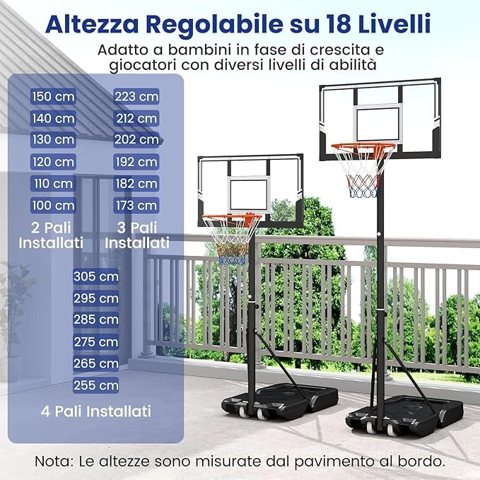 Canestro da Basket da Esterno, Canestro da Basket Portatile e Regolabile in Altezza 1-3M, con Tabellone Antiurto e Ruote per Adolescenti ed Adulti da Giardino, Piscina e Campo