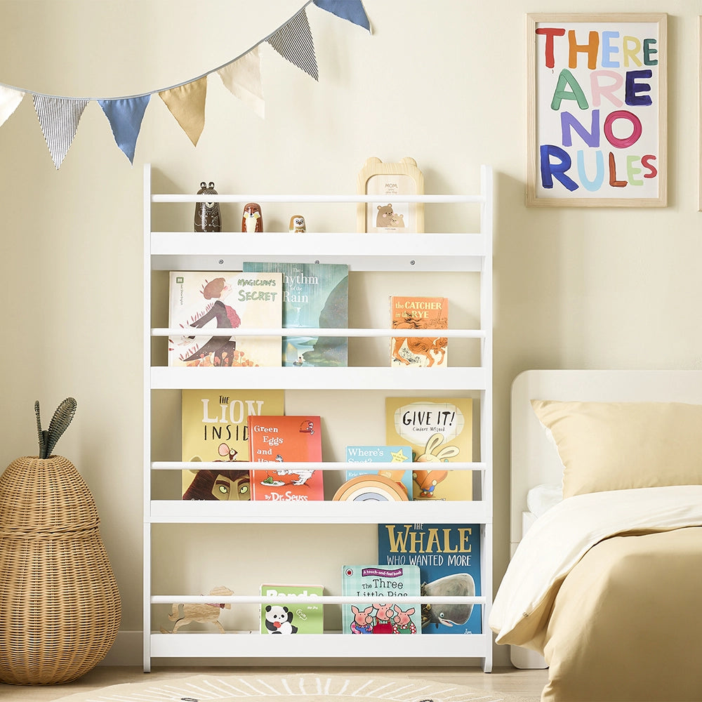 SoBuy | Libreria montessoriana per bambini bianca con 4 ripiani | Libreria per bambini | Porta libri per bambini | 80.0x12.0x118.0 cm | Capacità di carico 24 kg | KMB08-II-W