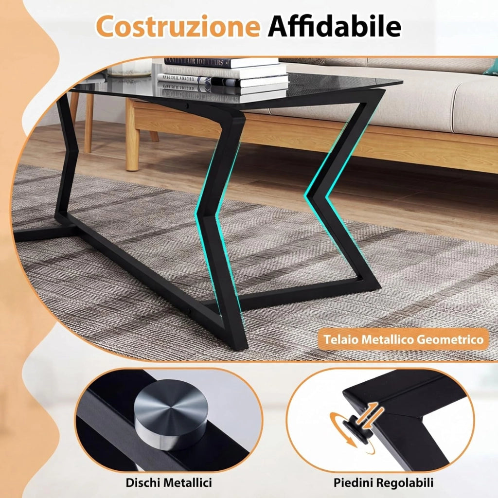 Tavolino da Salotto in Vetro, Tavolino da Caffè Rettangolare con Piano in Vetro Temperato e Struttura Geometrica in Metallo, Tavolo Basso Moderno per Soggiorno, Ufficio e Studio