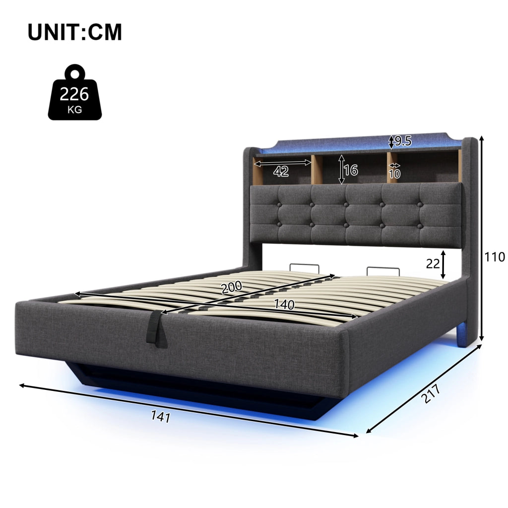 Letto Matrimoniale 140x200 cm; Contenitore Idraulico; LED; USB e Type-C; Grigio