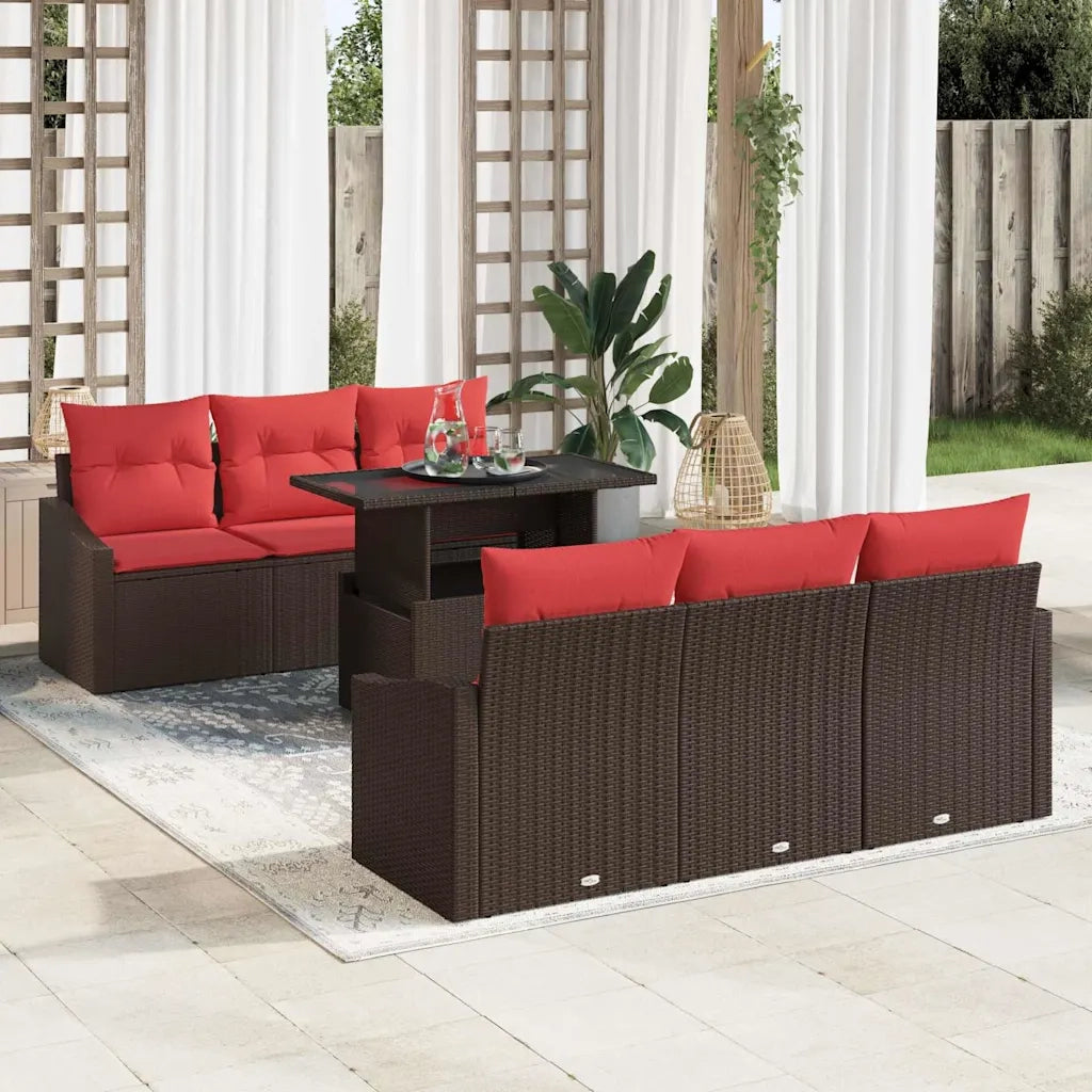 Set Divano da Giardino 7 pz 6-Numero di posti Marrone e Rosso 3348930