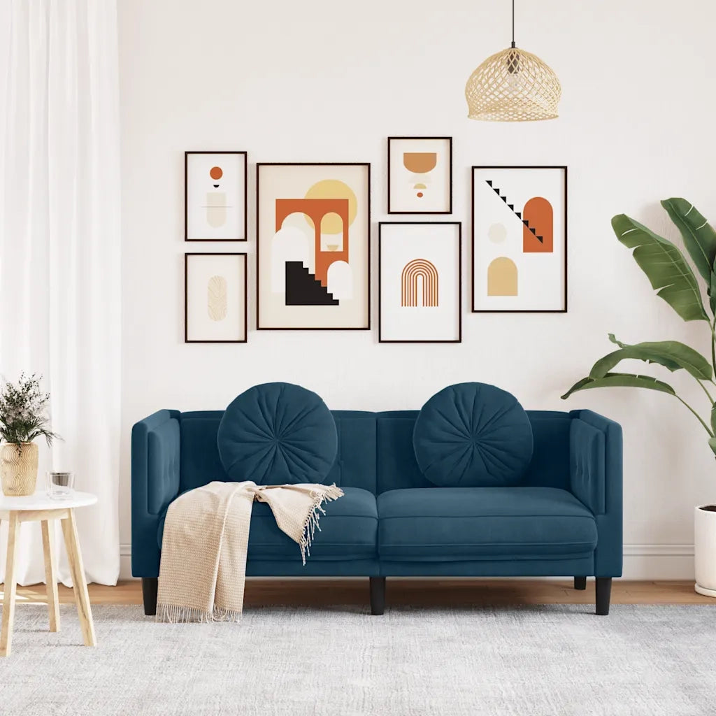 Divano | Divano da soggiorno | Sofa a 2 Posti con Cuscini Blu in Velluto