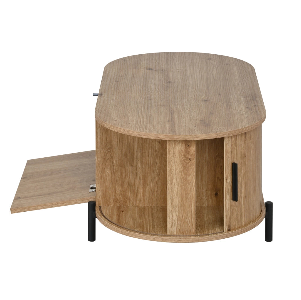 Tavolino da salotto ovale 100x50x40 cm con ante scorrevoli e vano contenitore; MDF naturale