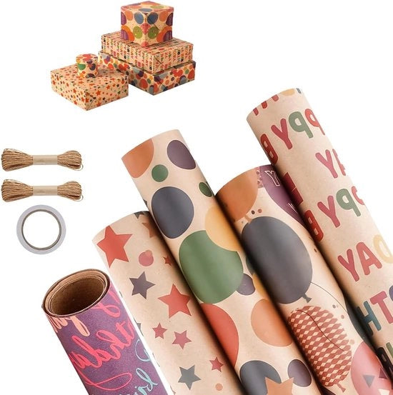 Set di 5 rotoli di carta da imballaggio, 43 cm x 3 m, carta kraft con corda di canapa e adesivo doppio per feste di compleanno, matrimoni e parto