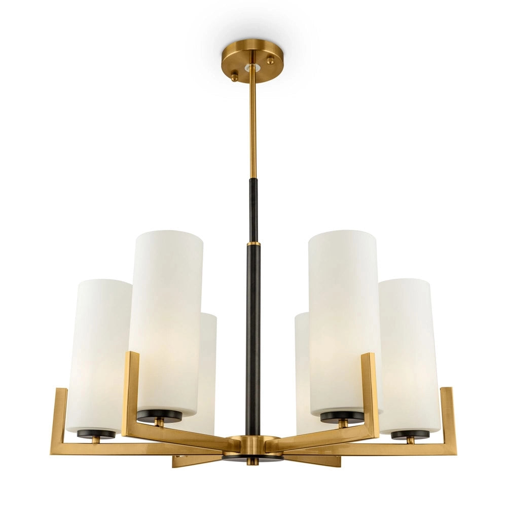 Lampadario Contermporaneo Fortano 6 Luci Metallo Ottone Diffusori Vetro Bianchi